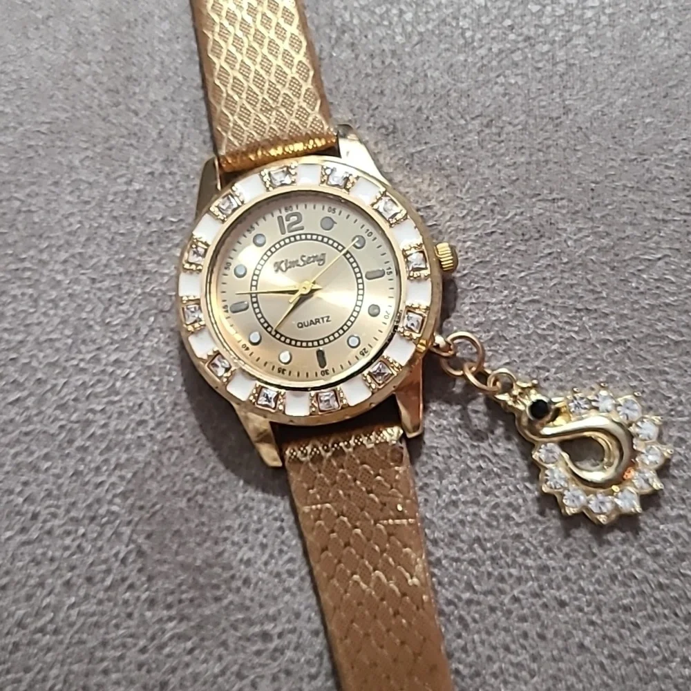 Kim Seng Quartz fashion Watch Gold white bling Dangle‎ charm